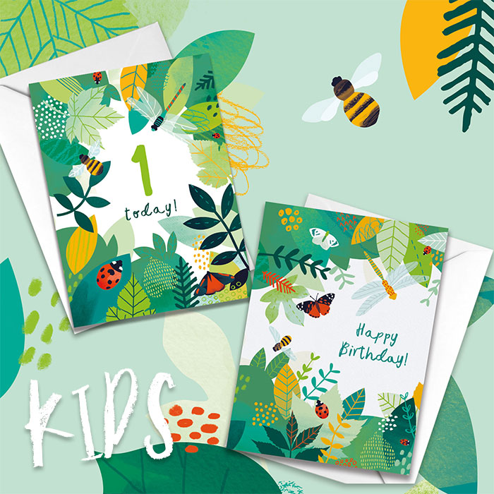 Advert for kid's cards featuring two greetings cards with foliage and bugs, and the word 'Kids'.